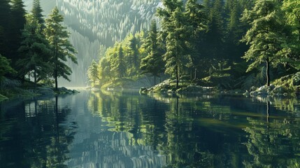 This tranquil scene shows a meandering river flowing through a lush, sunlit forest, exuding peace