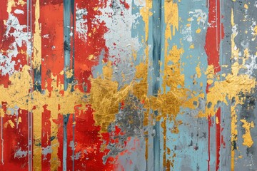 The abstract picture of the gold, blue and red colours that has been painted or splashed on the white blank background wallpaper to form the random shape that cannot be describe yet beautiful. AIGX01.