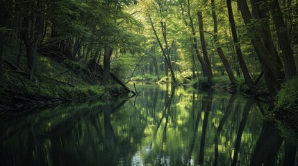 An atmospheric depiction of a quiet river passing through a dense, green forest conveying...