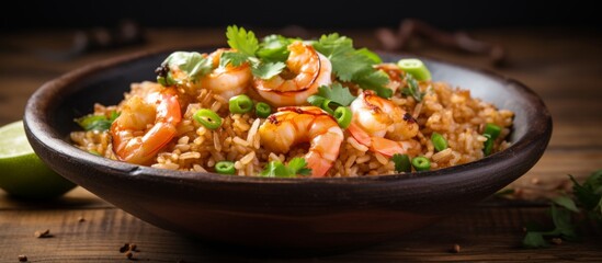 A dish of fried rice made with shrimp, green onions, and other ingredients on a wooden table. This Asian cuisine staple food is a delicious recipe perfect for a meal