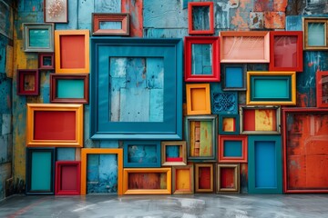 The building wall is adorned with a fixture of colorful picture frames, creating an artistic display against the azure blue door and brick flooring - Powered by Adobe