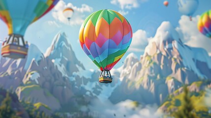 Fototapeta premium scenic closeup of hot air balloons in vibrant colors flying above mountain peaks during a travel adventure