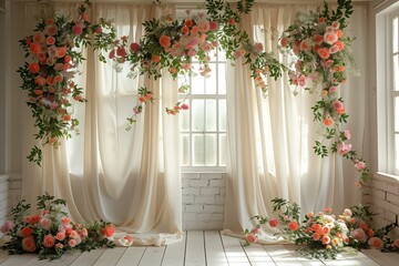 A lovely room with flower arrangements and curtains by the window, creating a charming decoration with a touch of nature and elegance - obrazy, fototapety, plakaty