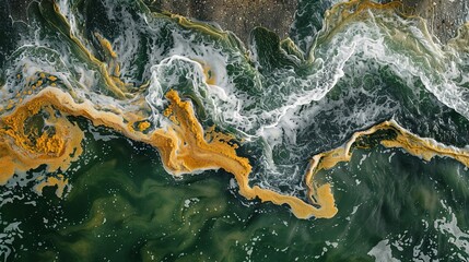 A stunning aerial shot capturing the dynamic interplay of color and texture in the sea, evoking the power of nature
