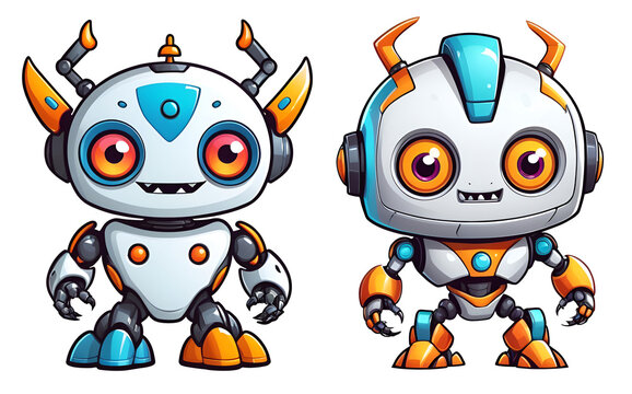 a little cartoon robot standing next to another robot, chibi style, cute
