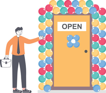 Businessmen open a new office or shop. The front door is decorated with balloons and sign "Open". Vector, illustration, flat

