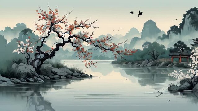 Landscape painting of blooming weeping cherry branches signaling the arrival of spring and a tranquil lake.
