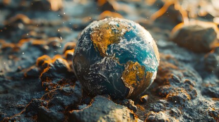 The concept image showcases Earth as a glowing globe amidst a rough, sun-kissed terrain, symbolizing hope and endurance