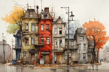 Fotobehang Watercolor of urban on old paper wet painting © Paworn