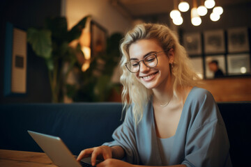 A young female with a smiling face working on laptop