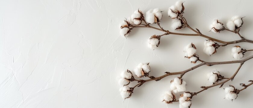   Cotton plant branch on white background with snow
