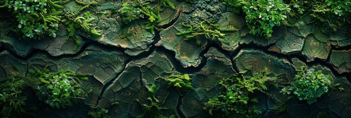 The image shows a verdant spread of moss thriving on intricately patterned tree bark, embodying vitality and the symbiotic nature of ecosystems