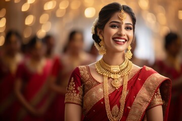 A young Indian ethnic woman with a smiling face wearing traditional bridal costumes and jewellery