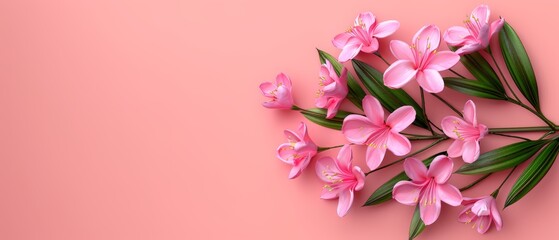   Pink flower arrangement on a pink background, top-down view, featuring flat lay on a pink surface
