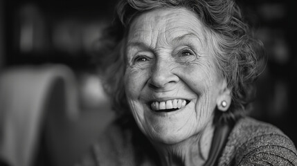 Happy old woman laughing, black and white photo, close-up portrait