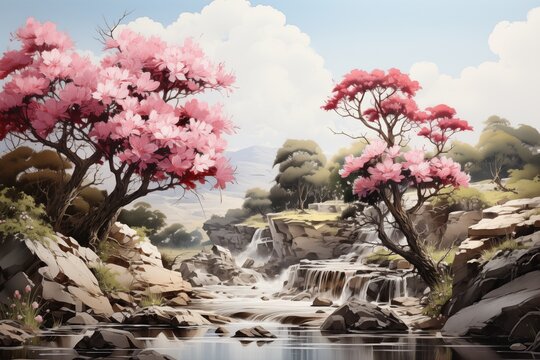 Watercolor of waterfall with tree and flowers