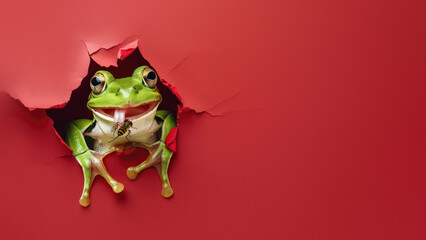 A captivating close-up of a green tree frog as it catches a fly, set against a vivid red background...