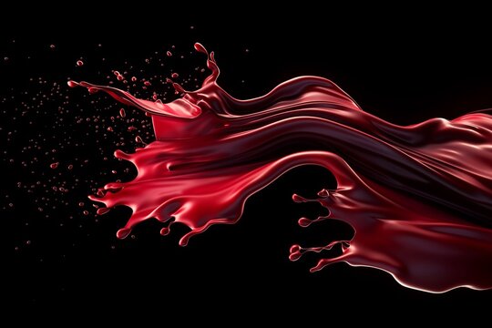 Red paint splashes on a black background, red liquid splashing and flowing in the air in the style of a 3D rendering illustration of abstract shapes and designs with empty space for text or decoration