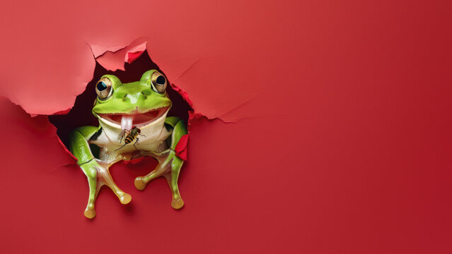 A captivating close-up of a green tree frog as it catches a fly, set against a vivid red background with a torn paper visual effect