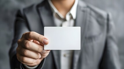 Man holding white business card on concrete wall background Ai Generated