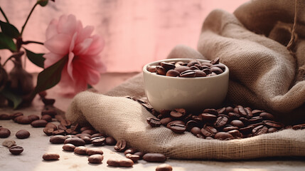 coffee beans and cup, postcard, pastel background