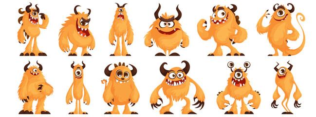 Set of orange furry monsters with cute, quirky, funny and evil emotions, funny and unique shape. A furry monster with horns poses. Bizarre orange creature. Cartoon vector.