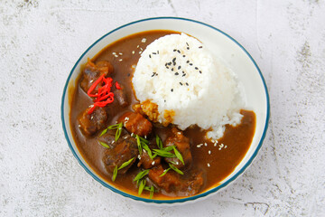 Freshly cooked beef curry with rice