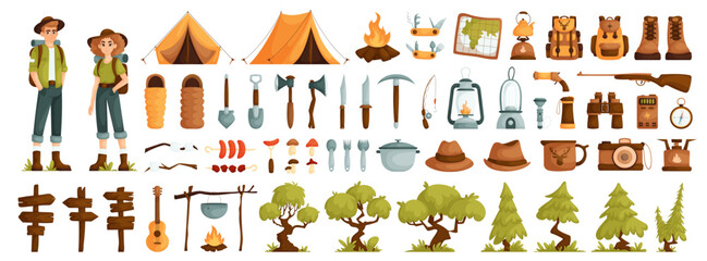 A guy and a girl are tourists. Tree, grass, fir tree and yellow tent. Travel backpack and sleeping bag. Grilled sausages, shish kebab and marshmallows. Vector