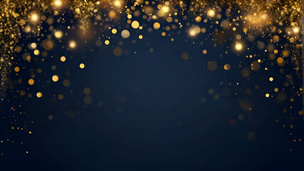 Blurred bokeh light background, Christmas and New Year holidays background. Christmas Golden light shine particles bokeh on navy blue background. Gold foil texture. Holiday concept - obrazy, fototapety, plakaty