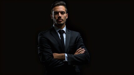 Obraz premium portrait of a confident and stylish business man in a suit, isolated on black background