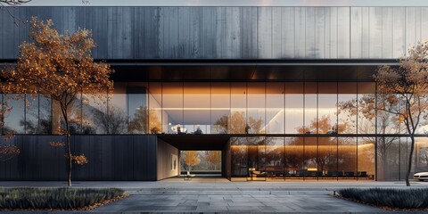 The image shows a modern building with a black facade and large glass windows. The building has a unique design with a first floor that appears to be floating. The sky is grey and overcast. - obrazy, fototapety, plakaty