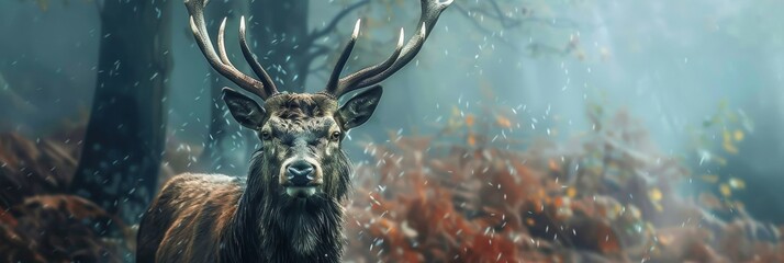 A powerful stag is captured in the enchanting ambiance of a rainy forest, creating a dreamlike scene - obrazy, fototapety, plakaty
