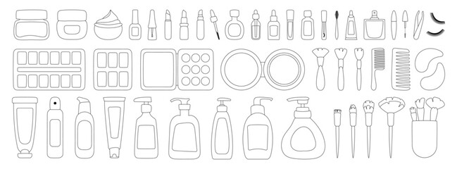 Makeup kit. False eyelashes, tweezers, mascara, perfume, tube of cream, lipstick, bottle of oil, pipette, jar of cream, nail polish, brushes, wooden comb, patches. Black linear style. Vector