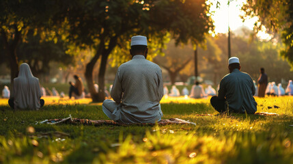 Muslim men offering namaaz in a park.