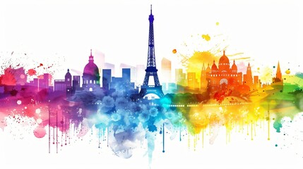 Paris en couleur pour les jeux olympiques, aquarelle sur une vue de la capitale française, illustration ia générative