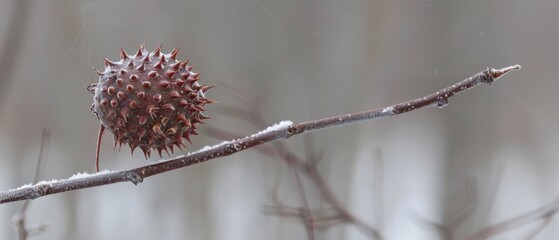   Focused image of a juicy berry atop a winter-covered tree bough, surrounded by hazy surroundings