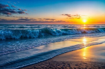 Art Beautiful sunrise over beach in Cancun; Dramatic sky clouds over beach on Sea; Drims paradise summer vacation destination; generative ai - obrazy, fototapety, plakaty