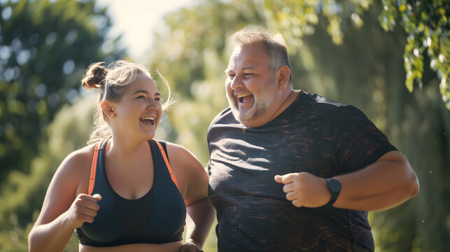 Overweight couple playing sports in the park on a sunny day, smiling from the endorphins released.	
