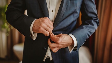 groom's hands preparing for the wedding day closeup of buttoning a tailored suit jacket formal attire showing style and confidence