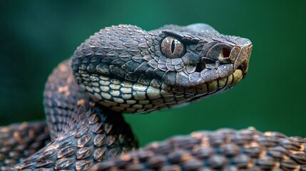 Obraz premium high detail view of an Iberian viper, focusing on the intricate features of its black skin and curved body, set against a dark green background to highlight the reptile's natural texture