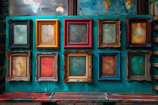 Rectangular picture frames made of wood are hanging symmetrically on a brick wall. The frames are adorned with art in tints of electric blue and magenta, adding color to the buildings fixture