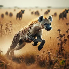 Tuinposter Hyena gracefully navigating the savannah grassland, sprinting through the growth in a captivating display of wildlife in action © robfolio