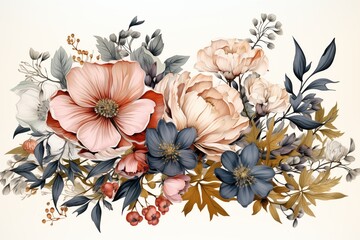 Watercolor of flowers frame botanical border on white background