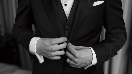 hands of a groom buttoning his suit jacket while getting ready for the wedding ceremony closeup of formal attire and elegant preparation