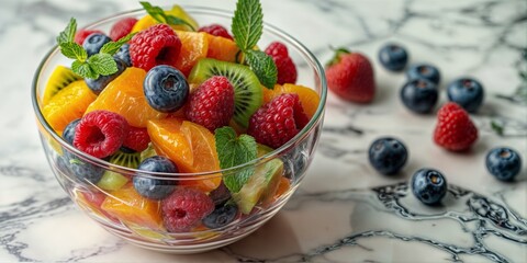 glass bowl filled with assorted fruits such as kiwi, oranges, raspberries, and blueberries.