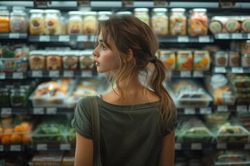 A customer is browsing the shelves of a retail store, gesturing towards the natural foods section. She is looking at whole food options and possibly alcoholic beverages - obrazy, fototapety, plakaty