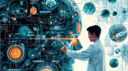 Portrait of professional doctor in modern laboratory examines advanced brain imaging displayed on monitors, multiethnic medical technology experts scientists using hologram analyze illness and disease