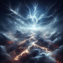 lightning thunderstorm in mountain hill landscape at night in the sky. - obrazy, fototapety, plakaty