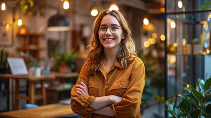 Fototapeta premium confident young businesswoman standing in the office with arms crossed smiling at the camera happy professional woman in a formal business environment