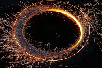 A stunning ring of sparks and flames emerges against a black background, illuminating the darkness with its mesmerizing display of fiery energy.